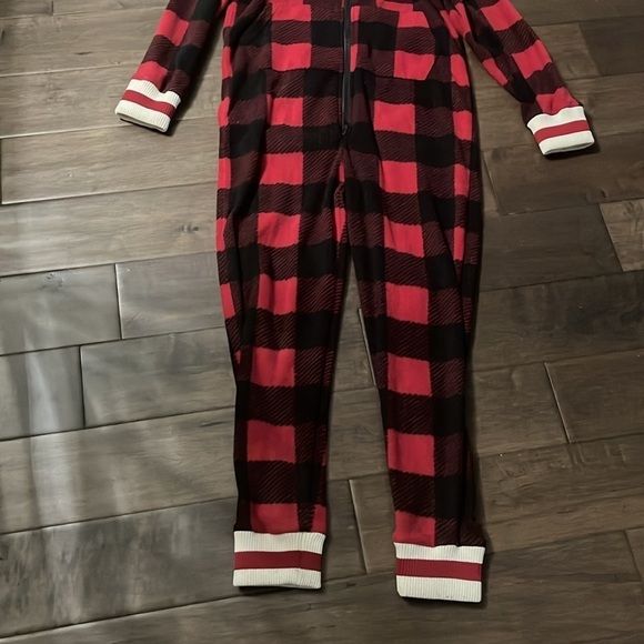 Fleece Hooded Onesie kids plaid, size 10/12 boys girls unisex pj - Picture 3 of 9